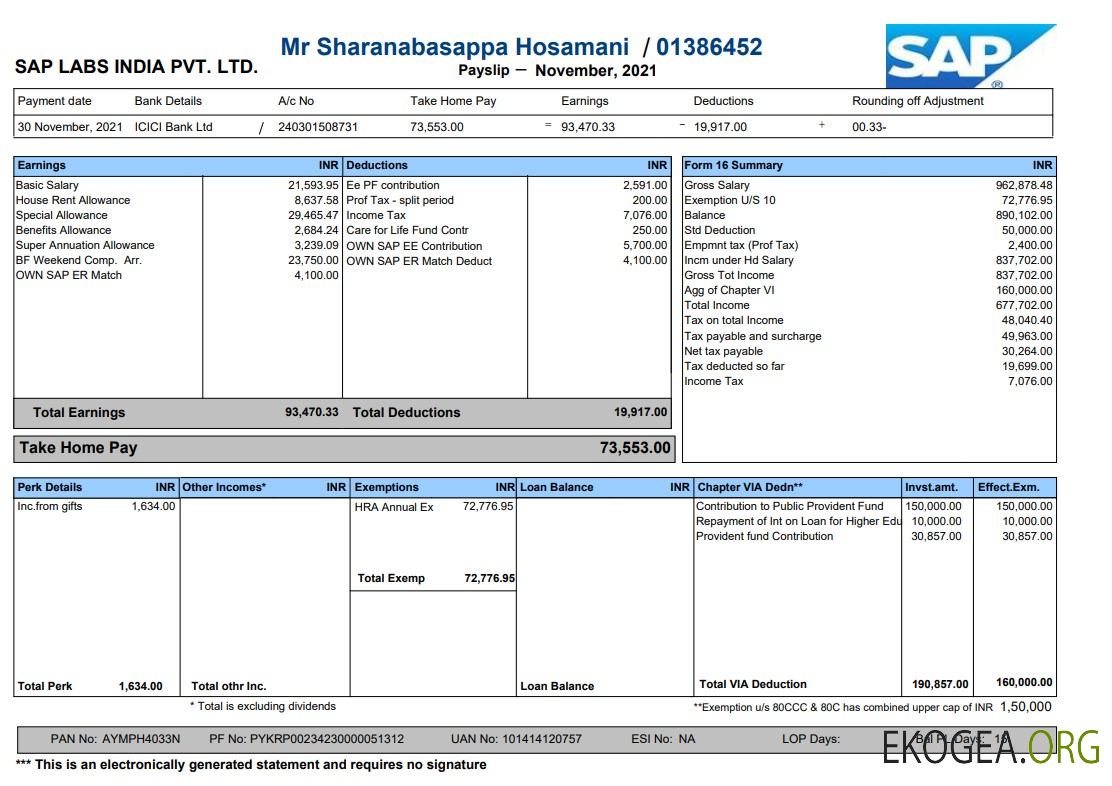 Fiche de paie de Sap Labs